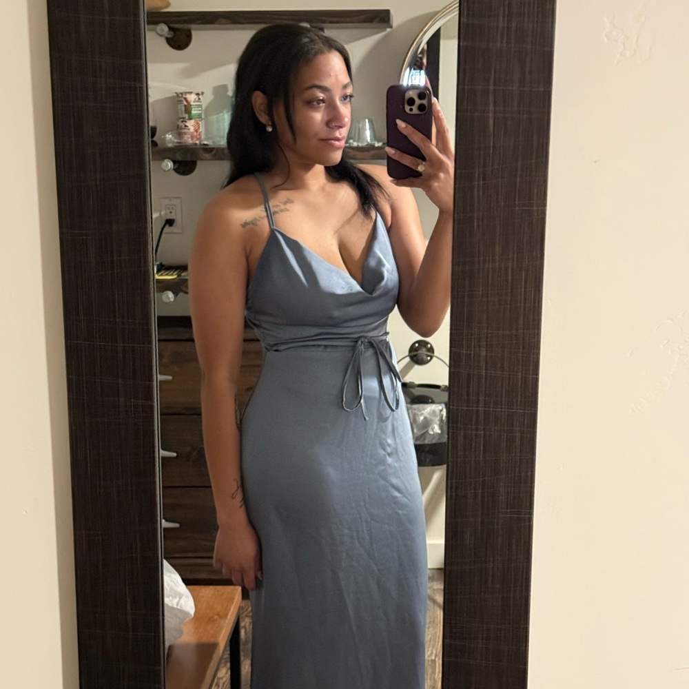 SLATE BLUE SATIN COWL NECK MAXI DRESS WITH CROSS BACK DETAIL - Picture 6 of 6